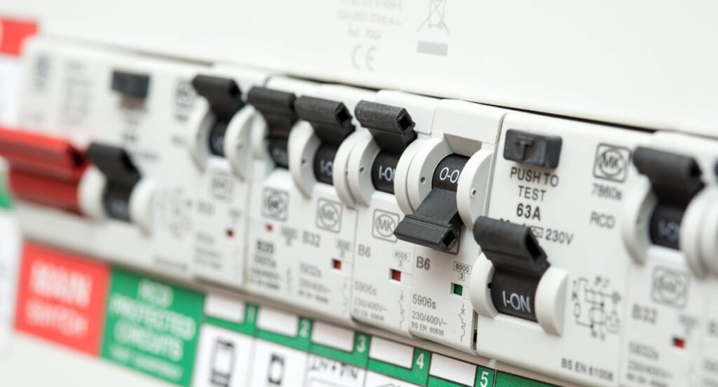 lose-up of a consumer unit with circuit breakers, one labeled '63A RCD', and switches in various positions, ensuring electrical safety in a building.