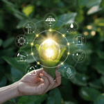 Hand holding an LED bulb against a green leafy background, symbolizing energy-efficient lighting technology.