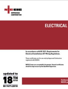 Image of an NICEIC Landlord Certificate, indicating compliance with the 18th Edition BS 7671 wiring regulations.