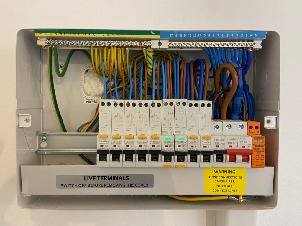 Consumer Unit Replacement in East London An image of a modern fusebox equipped with RCBOs (Residual Current Breakers with Overcurrent protection), AFDDs (Arc Fault Detection Devices), and SPDs (Surge Protection Devices) for enhanced electrical safety.